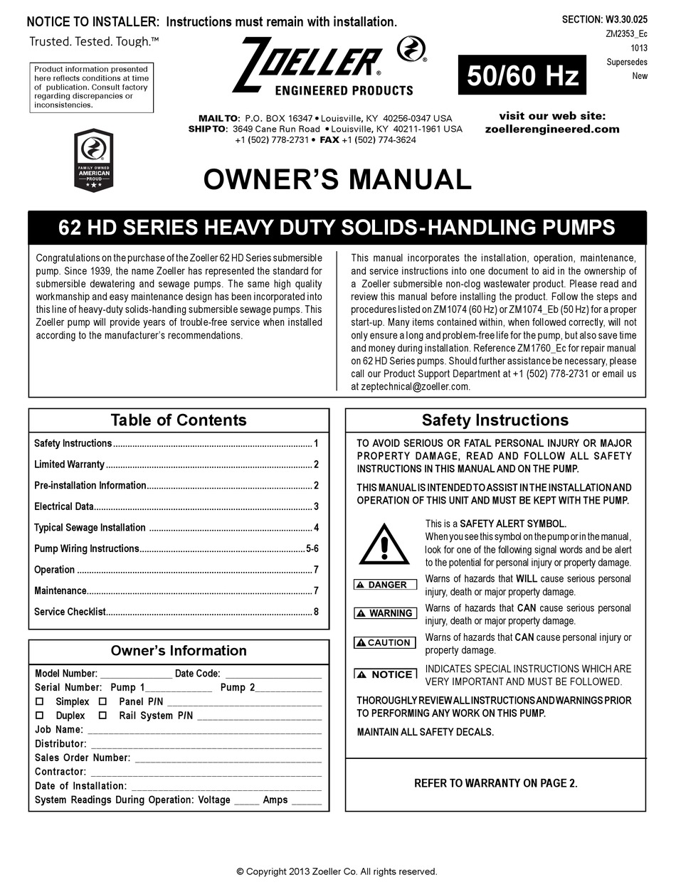 ZOELLER Z62 HD SERIES OWNER'S MANUAL Pdf Download | ManualsLib