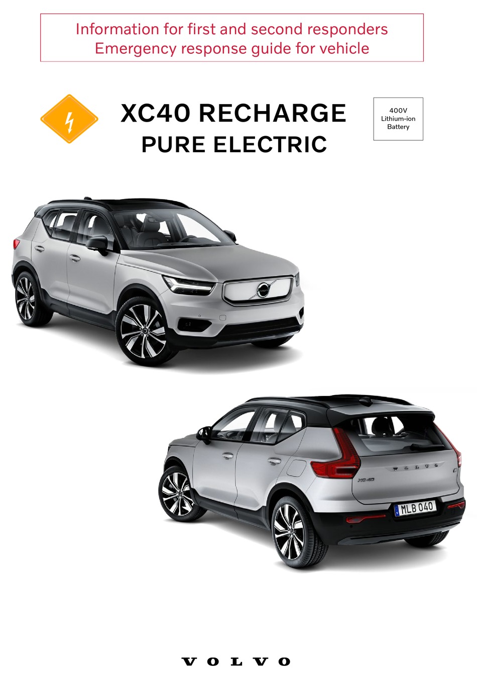 VOLVO XC40 RECHARGE 2020 EMERGENCY RESPONSE MANUAL Pdf Download