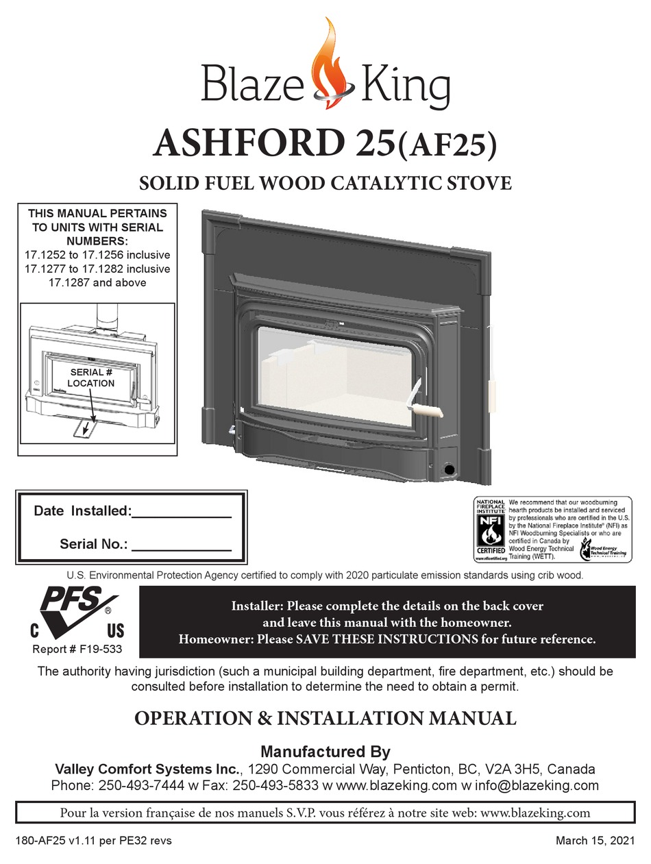 BLAZE KING ASHFORD 25 OPERATION & INSTALLATION MANUAL Pdf Download