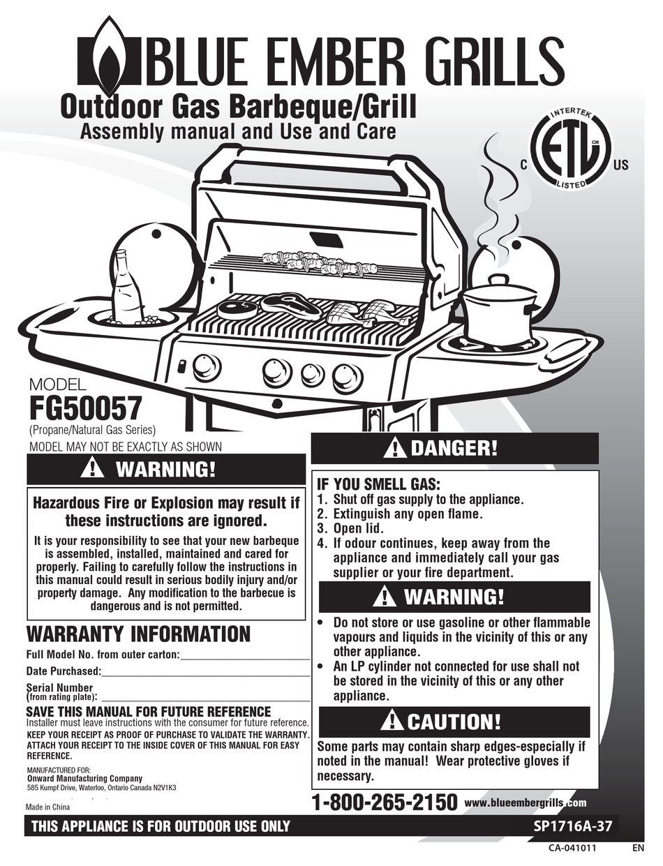 BLUE EMBER GRILLS FG50057 ASSEMBLY MANUAL AND USE AND CARE Pdf Download