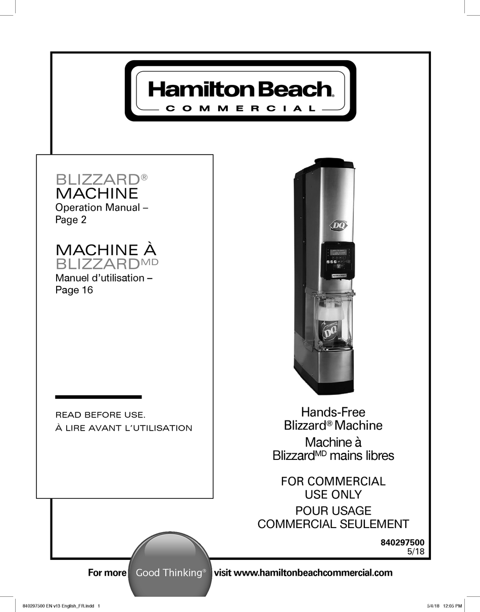 HAMILTON BEACH COMMERCIAL BLIZZARD MACHINE OPERATION MANUAL Pdf