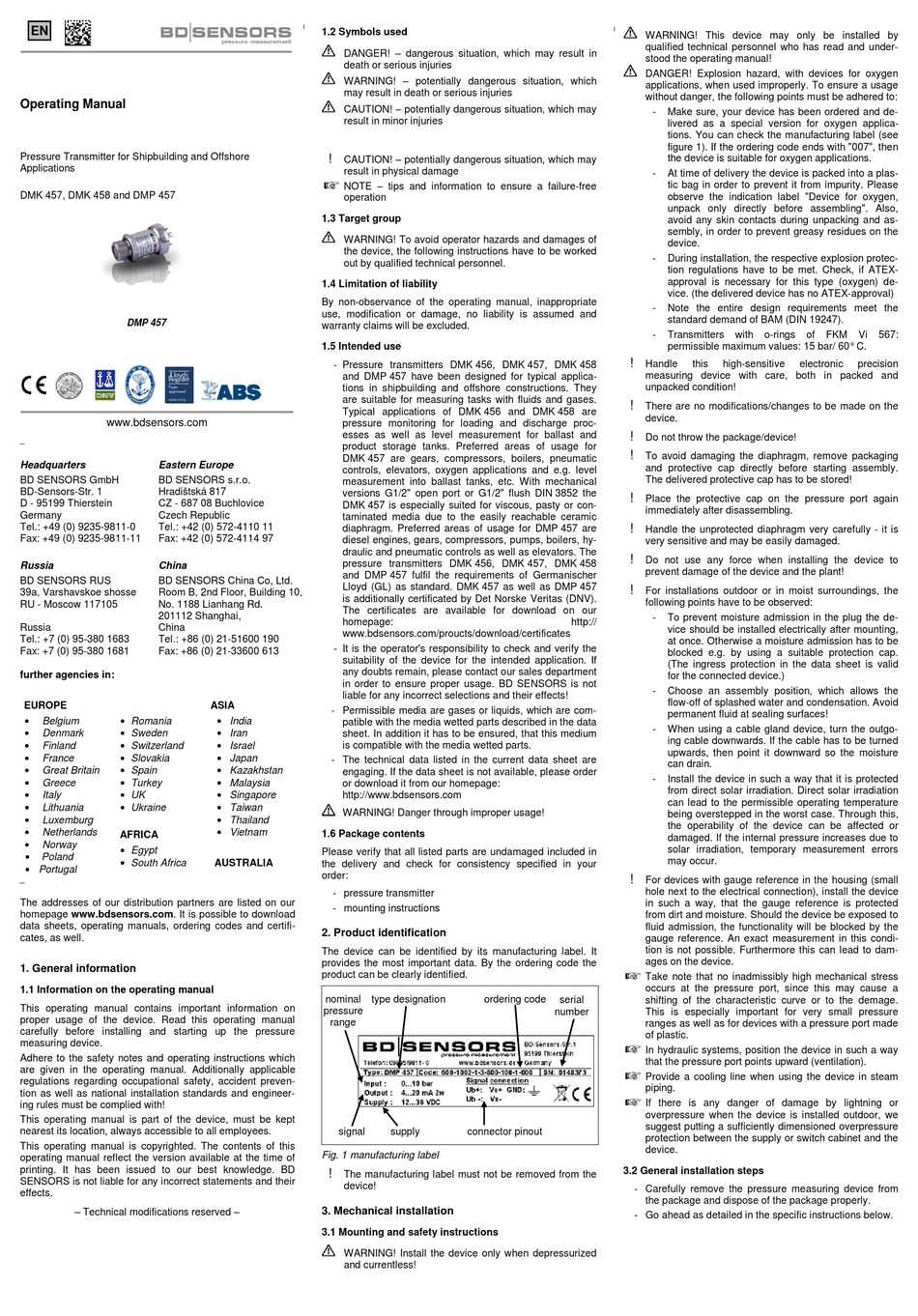 BD SENSORS DMK 457 OPERATING MANUAL Pdf Download | ManualsLib