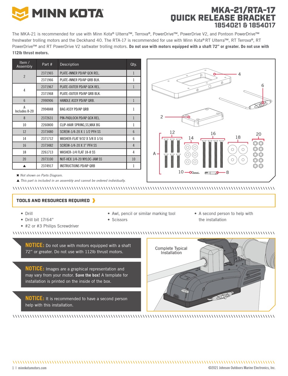 JOHNSON OUTDOORS MINN KOTA MKA21 INSTALLATION INSTRUCTIONS MANUAL Pdf