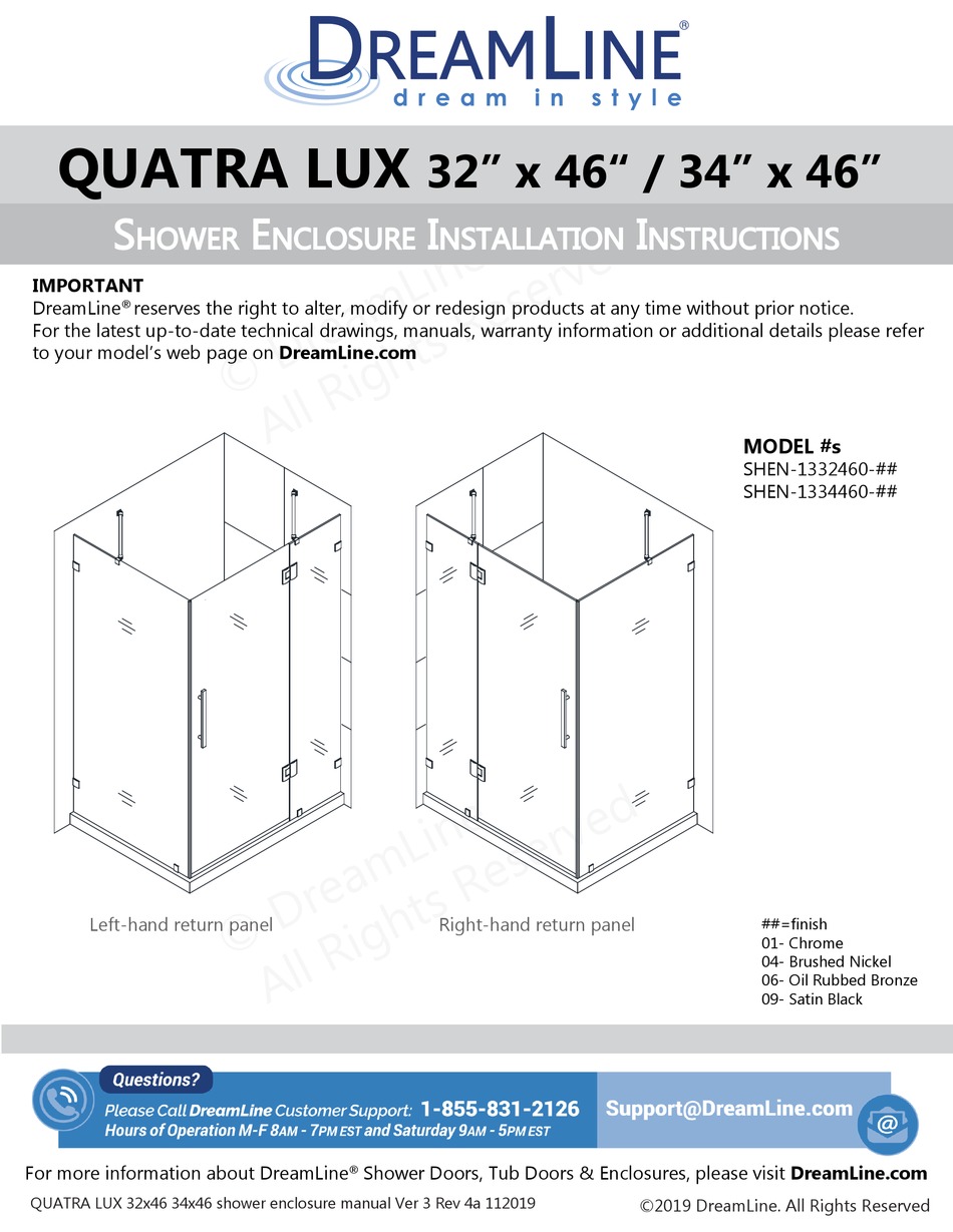 DREAMLINE SHEN1332460 SERIES INSTALLATION INSTRUCTIONS MANUAL Pdf