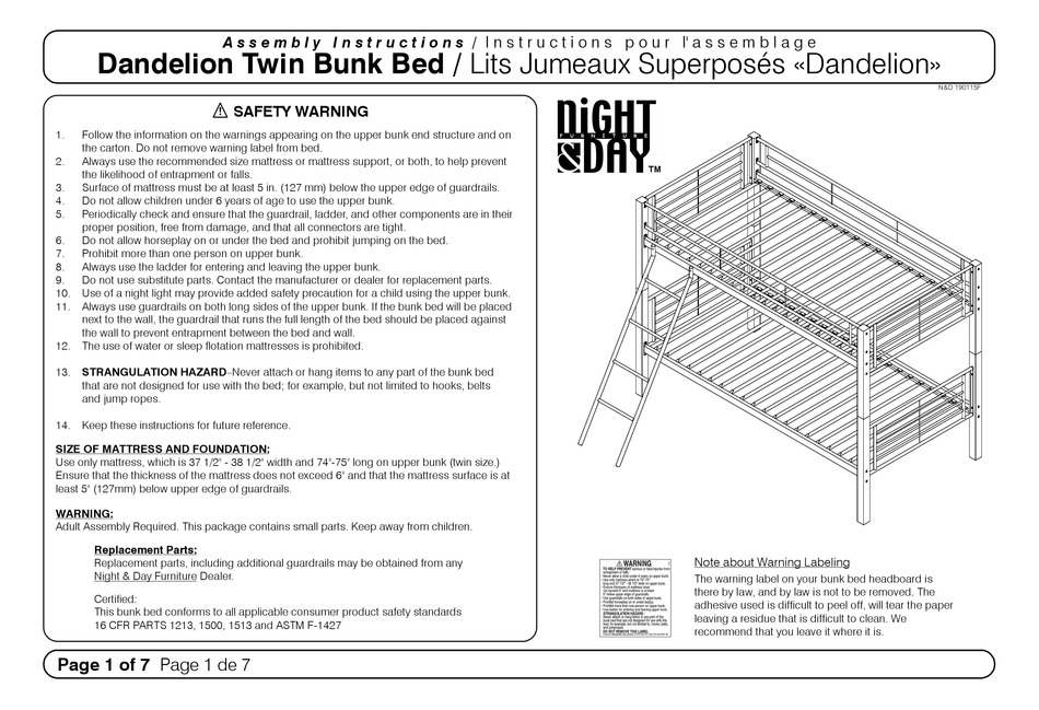 NIGHT & DAY FURNITURE DANDELION TWIN BUNK BED ASSEMBLY INSTRUCTIONS