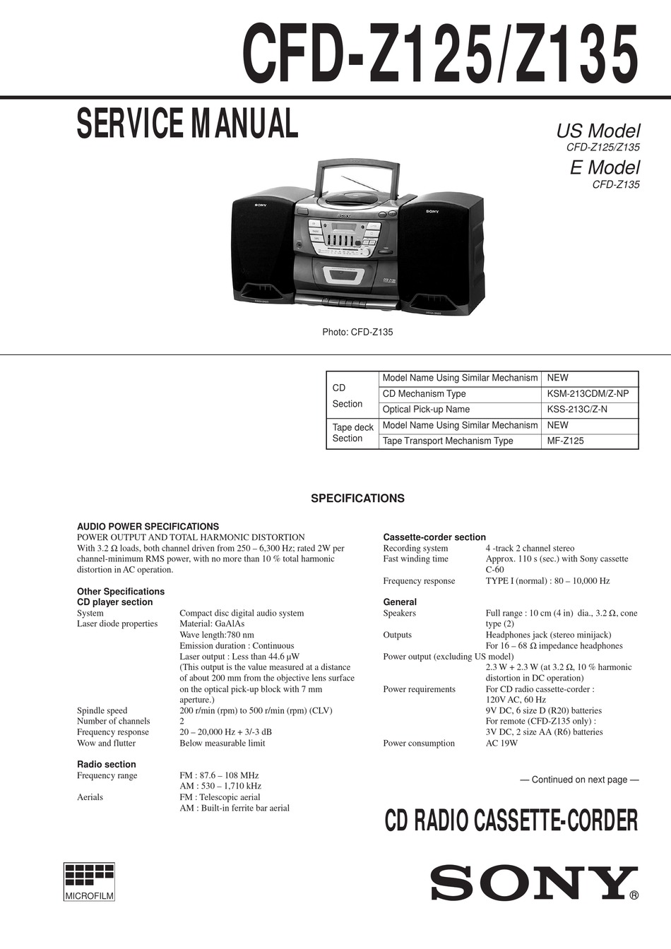 SONY CFD-Z125 SERVICE MANUAL Pdf Download | ManualsLib