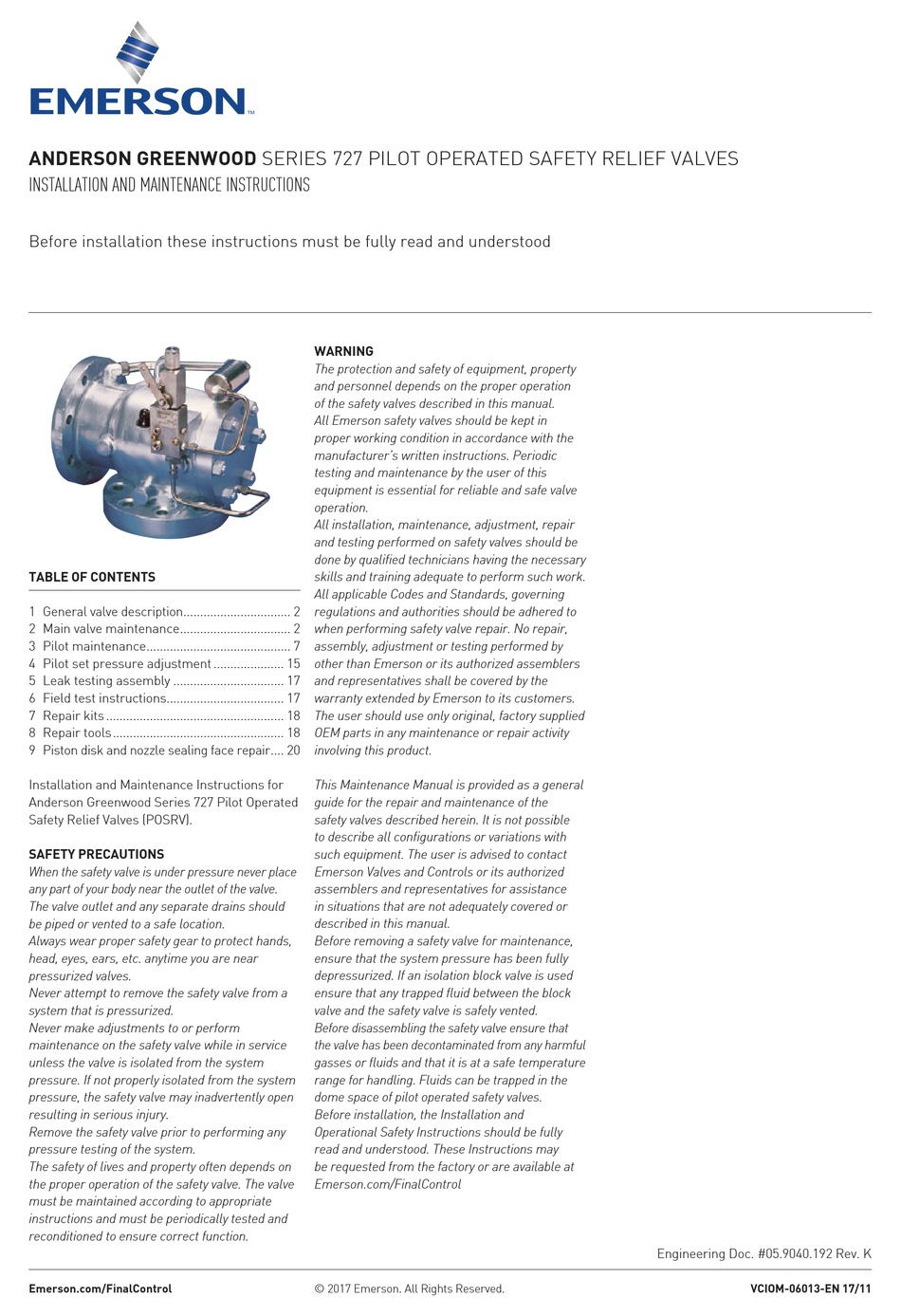 EMERSON ANDERSON GREENWOOD 727 SERIES INSTALLATION AND MAINTENANCE