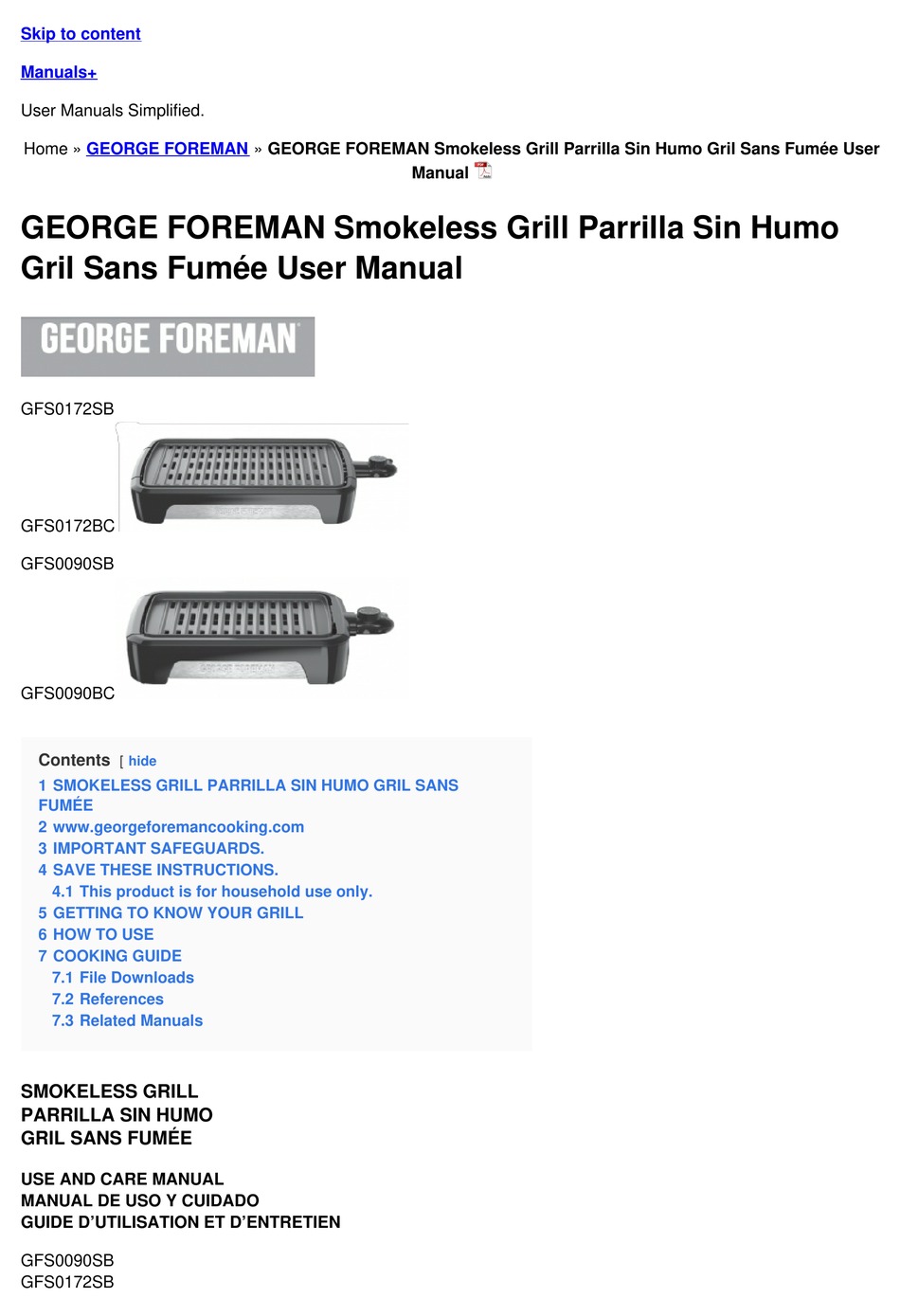 FOREMAN GFS0172SB USER MANUAL Pdf Download ManualsLib