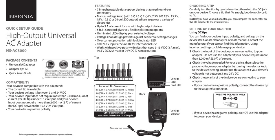 INSIGNIA NS-AC3000 QUICK SETUP MANUAL Pdf Download | ManualsLib