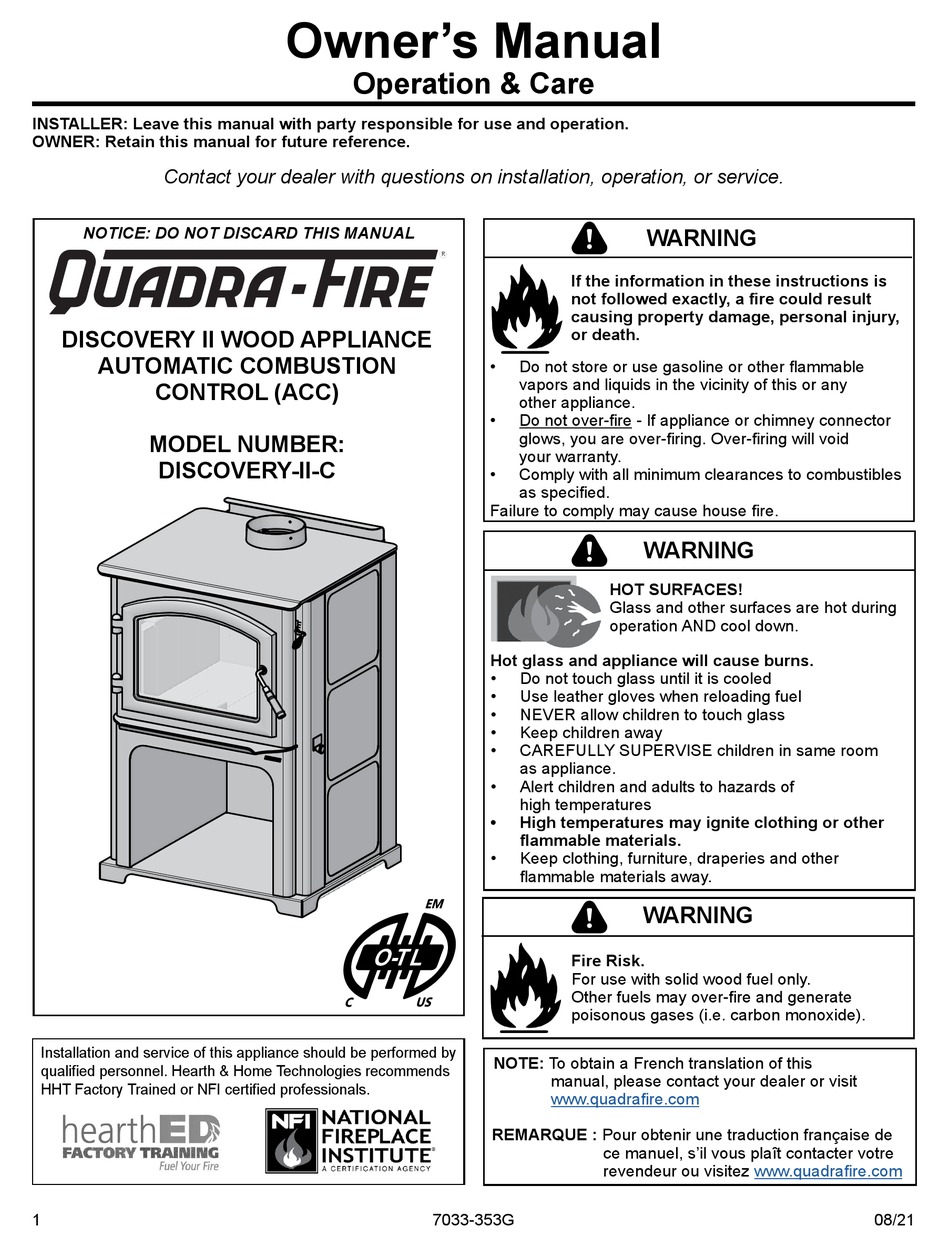 QUADRA-FIRE DISCOVERY-II-C OWNER'S MANUAL OPERATION & CARE Pdf Download ...