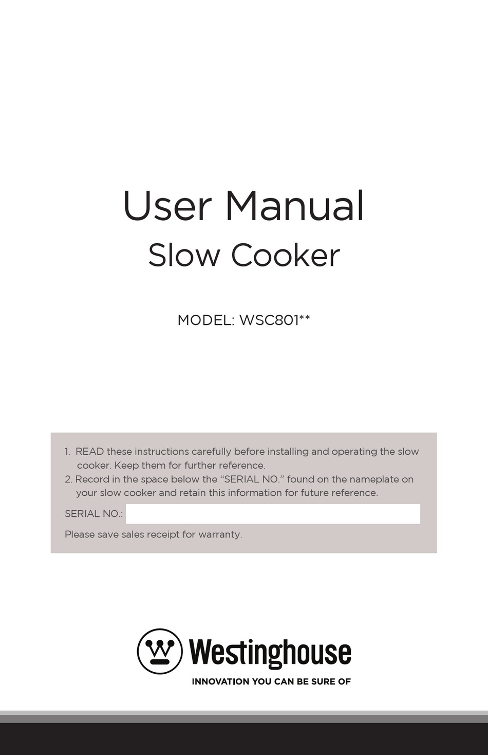 WESTINGHOUSE WSC801 SERIES USER MANUAL Pdf Download ManualsLib