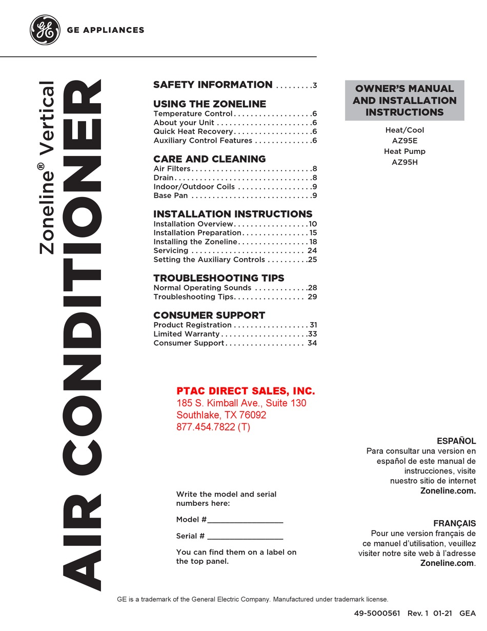 GE ZONELINE AZ95E OWNER'S MANUAL AND INSTALLATION INSTRUCTIONS Pdf