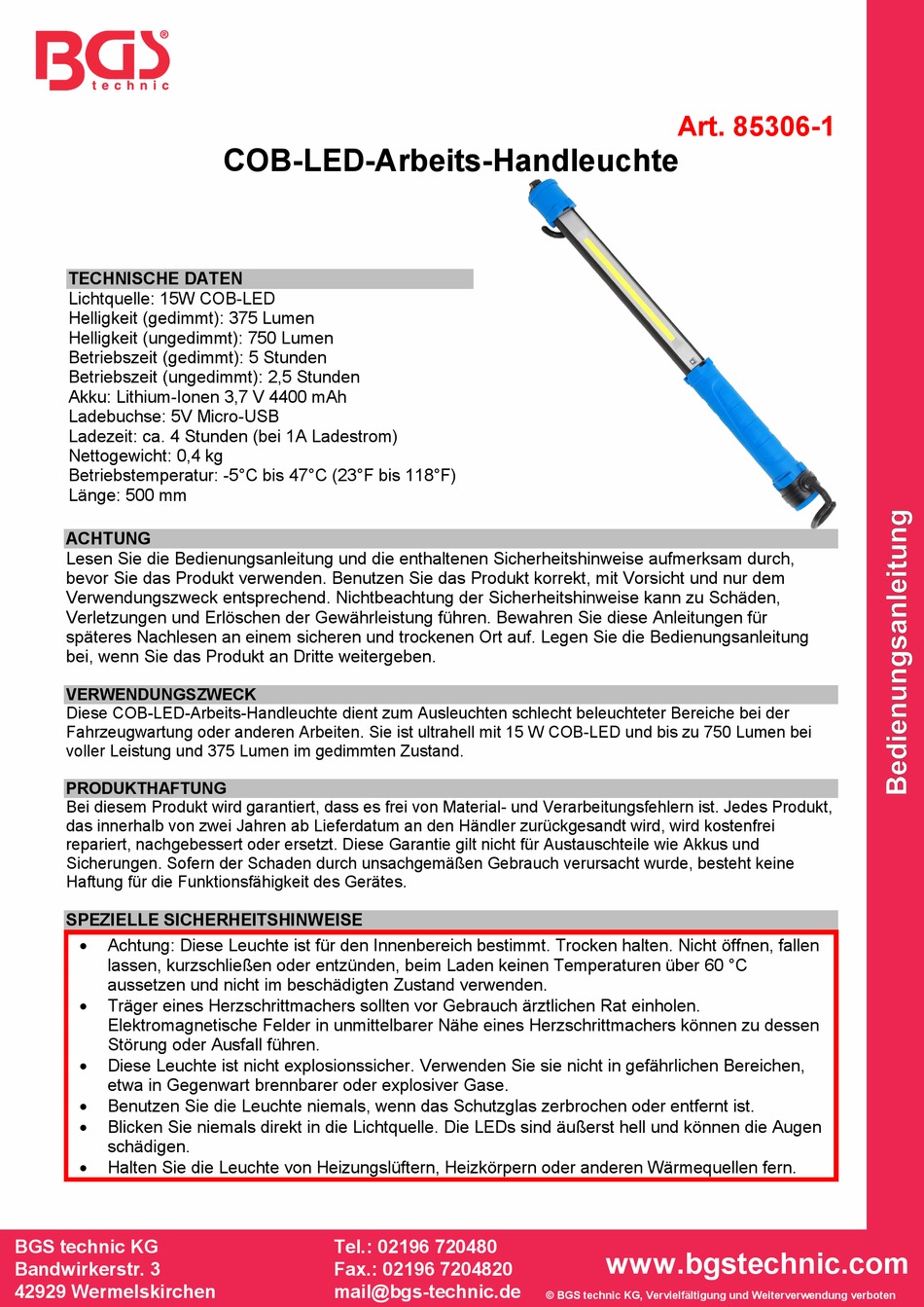 BGS COB-LED-looplamp met ophanghaak