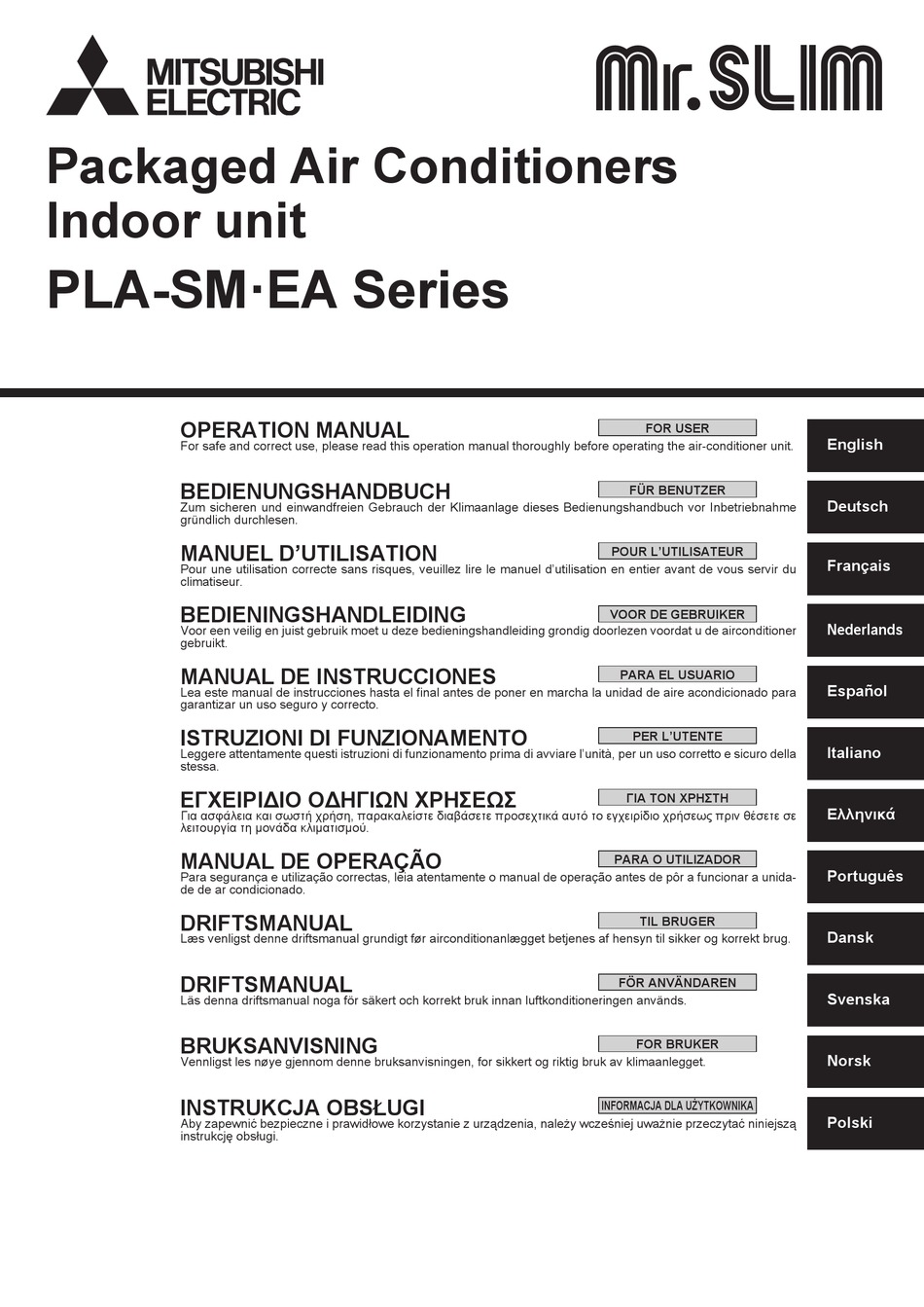 MITSUBISHI ELECTRIC MR. SLIM PLA-SM EA SERIES OPERATION MANUAL Pdf ...