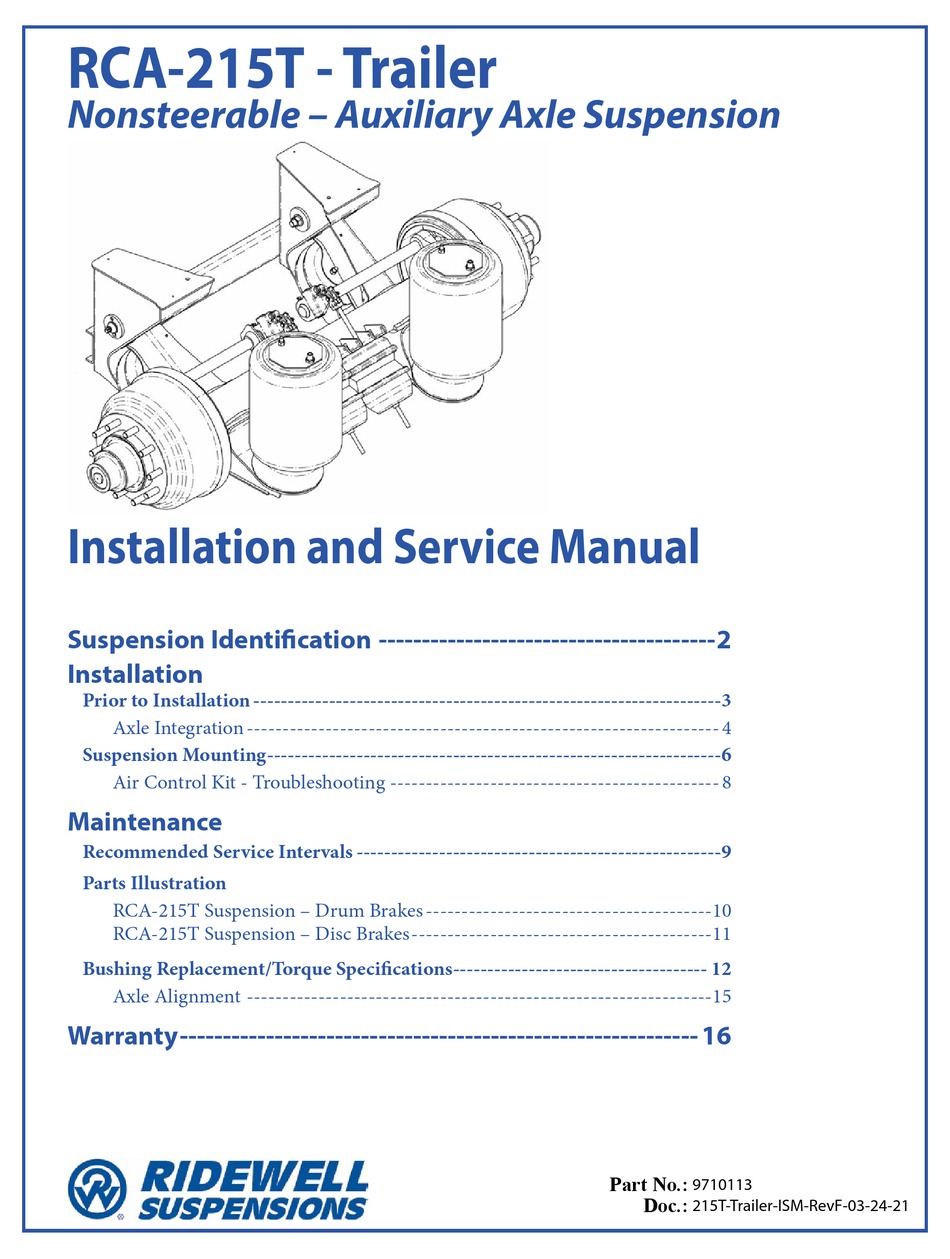 RIDEWELL SUSPENSIONS RCA215TTRAILER INSTALLATION AND SERVICE MANUAL Pdf Download ManualsLib