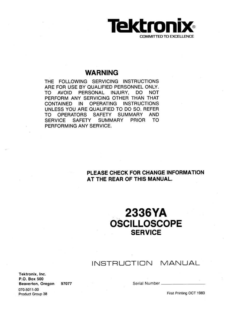 Tektronix 2336YA Oscilloscope Original Operators Manual 