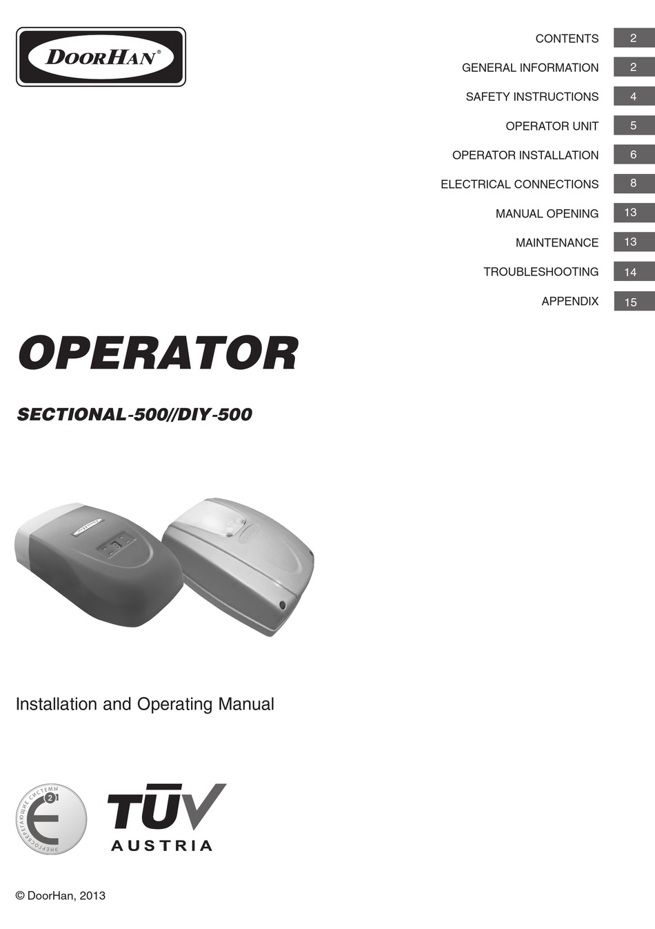DOORHAN SECTIONAL500 INSTALLATION AND OPERATING MANUAL Pdf Download