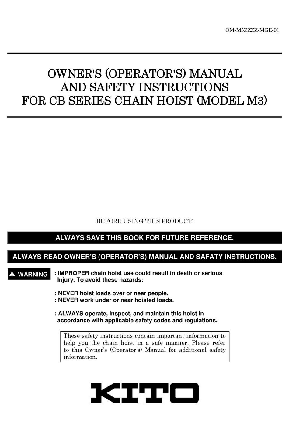 KITO CB SERIES OWNERS/OPERATORS MANUAL AND SAFETY INSTRUCTIONS Pdf