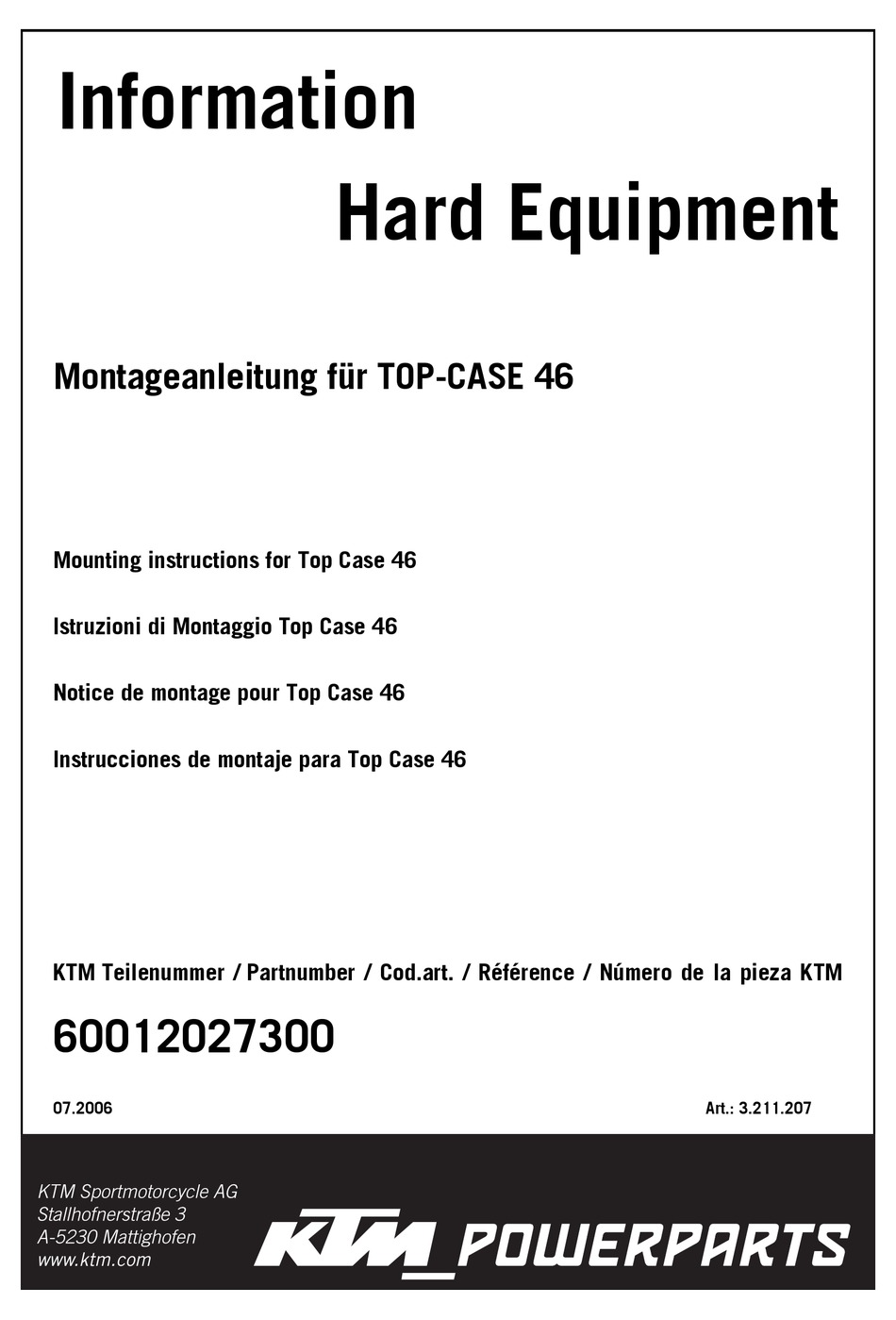 KTM POWER PARTS TOPCASE 46 MOUNTING INSTRUCTIONS Pdf Download ManualsLib