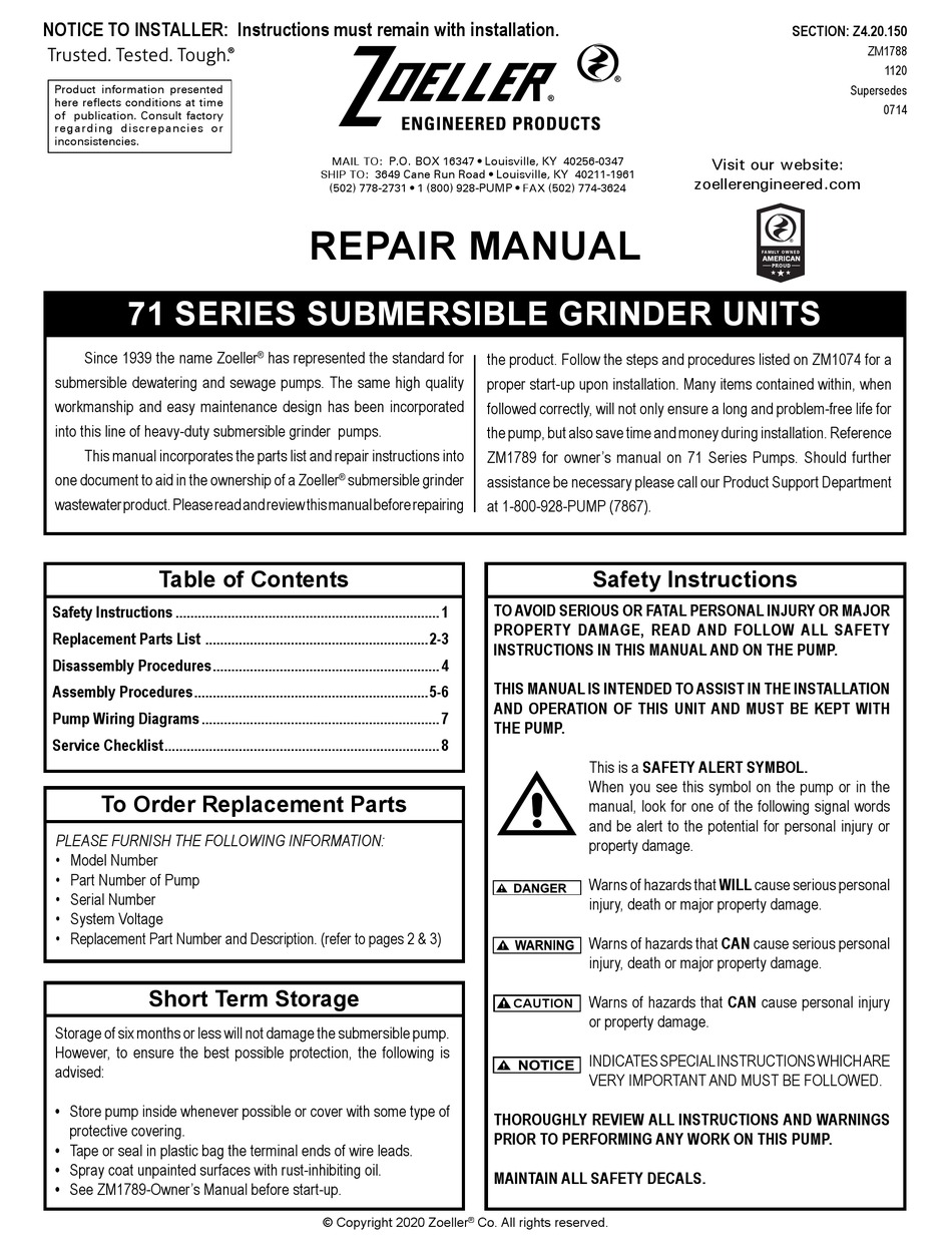 ZOELLER 71 SERIES REPAIR MANUAL Pdf Download | ManualsLib