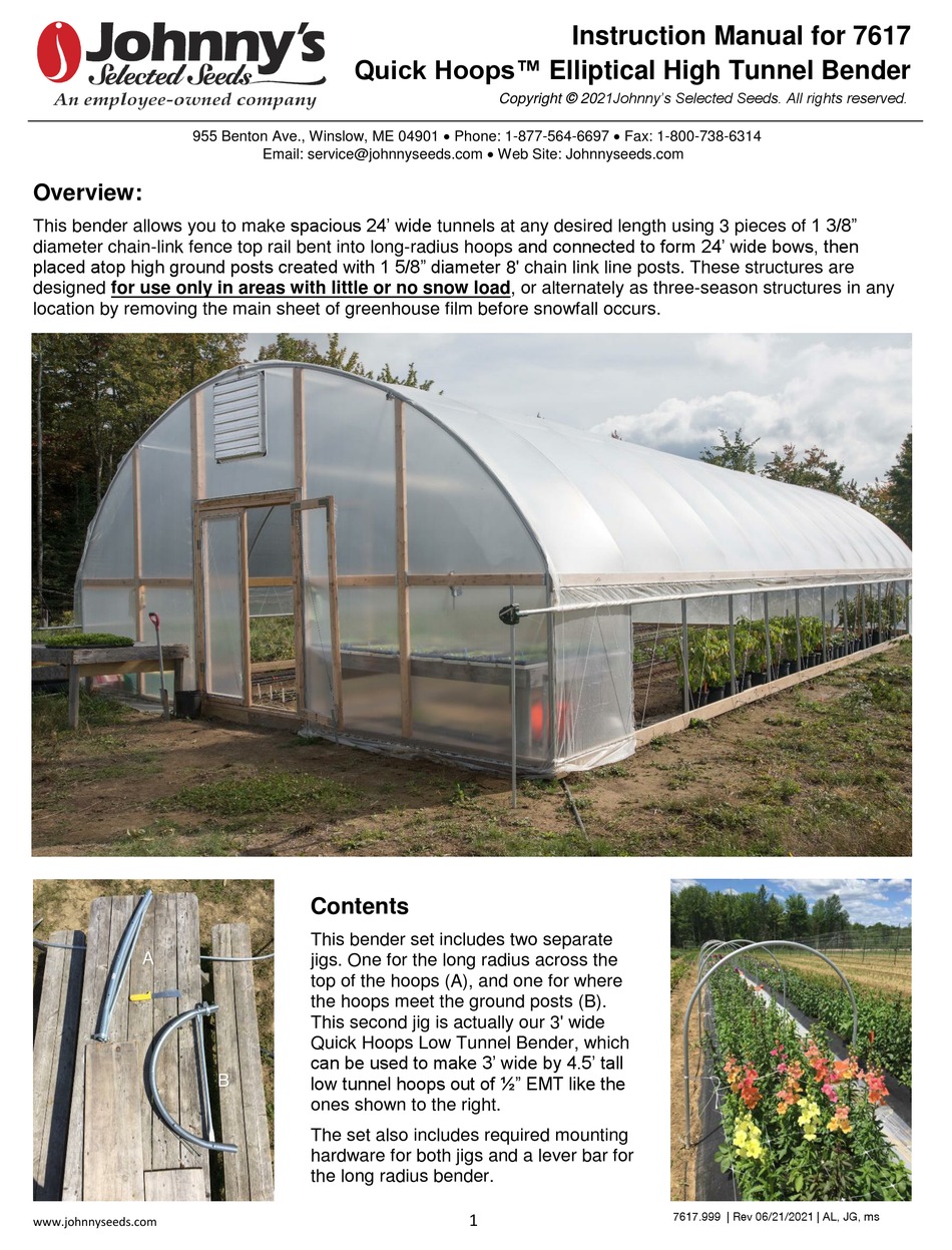 JOHNNY'S SELECTED SEEDS QUICK HOOPS 7617 INSTRUCTION MANUAL Pdf