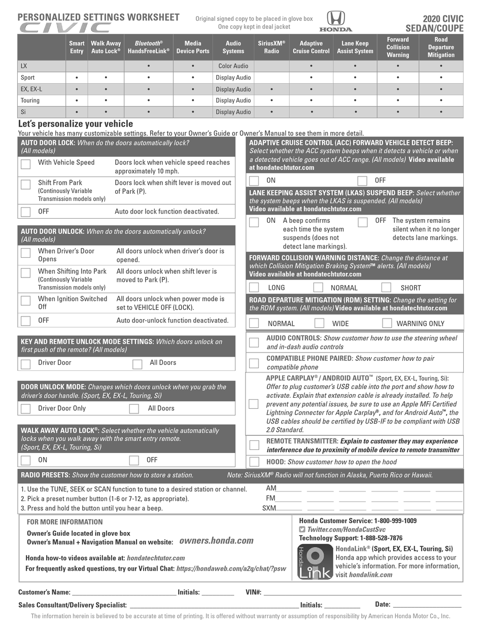 HONDA CIVIC 2020 PERSONALIZED SETTINGS WORKSHEET Pdf Download | ManualsLib