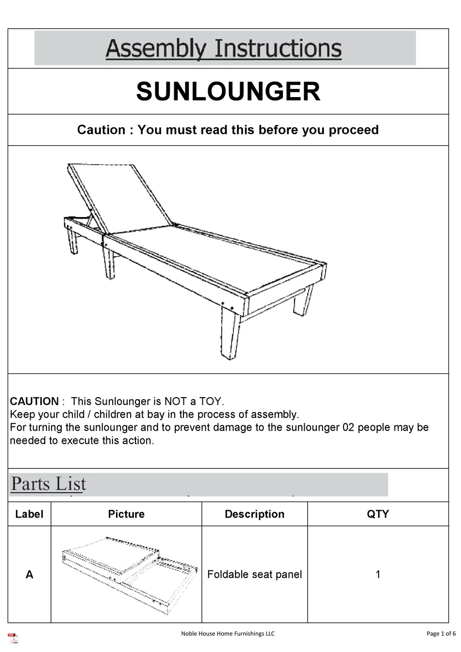 NOBLE HOUSE HOME FURNISHINGS SUNLOUNGER ASSEMBLY INSTRUCTIONS MANUAL
