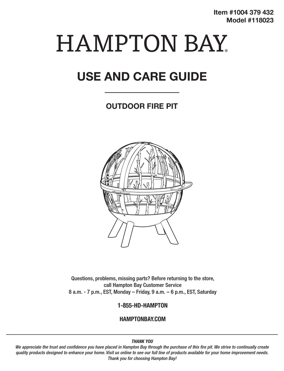 Hampton Bay 118023 Use And Care Manual, Hampton Bay Outdoor Fire Pit Parts
