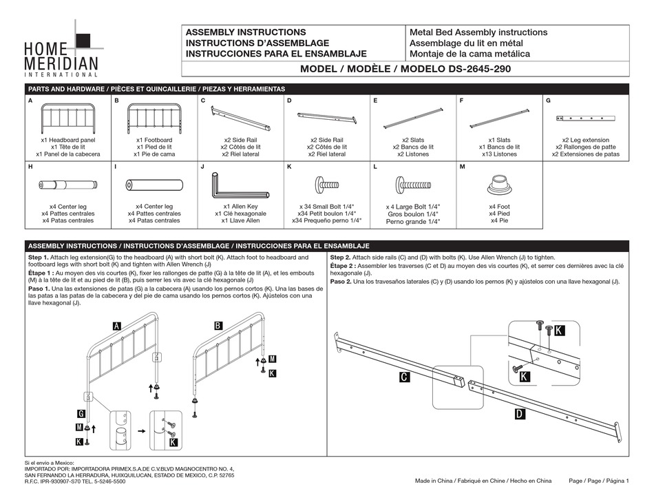 Home Meridian Ds 2645 290 Assembly, Home Meridian Headboard Instructions