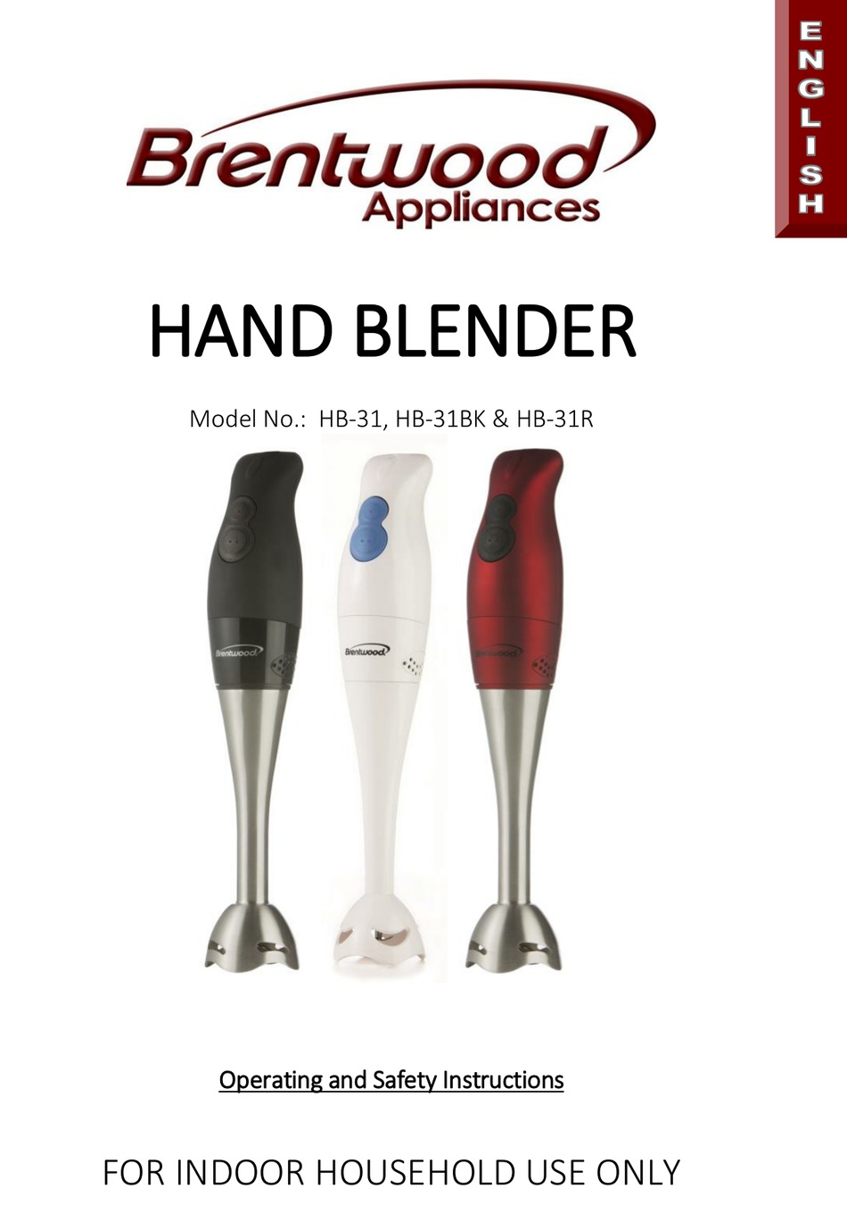BRENTWOOD APPLIANCES HB31 OPERATING AND SAFETY INSTRUCTIONS MANUAL Pdf