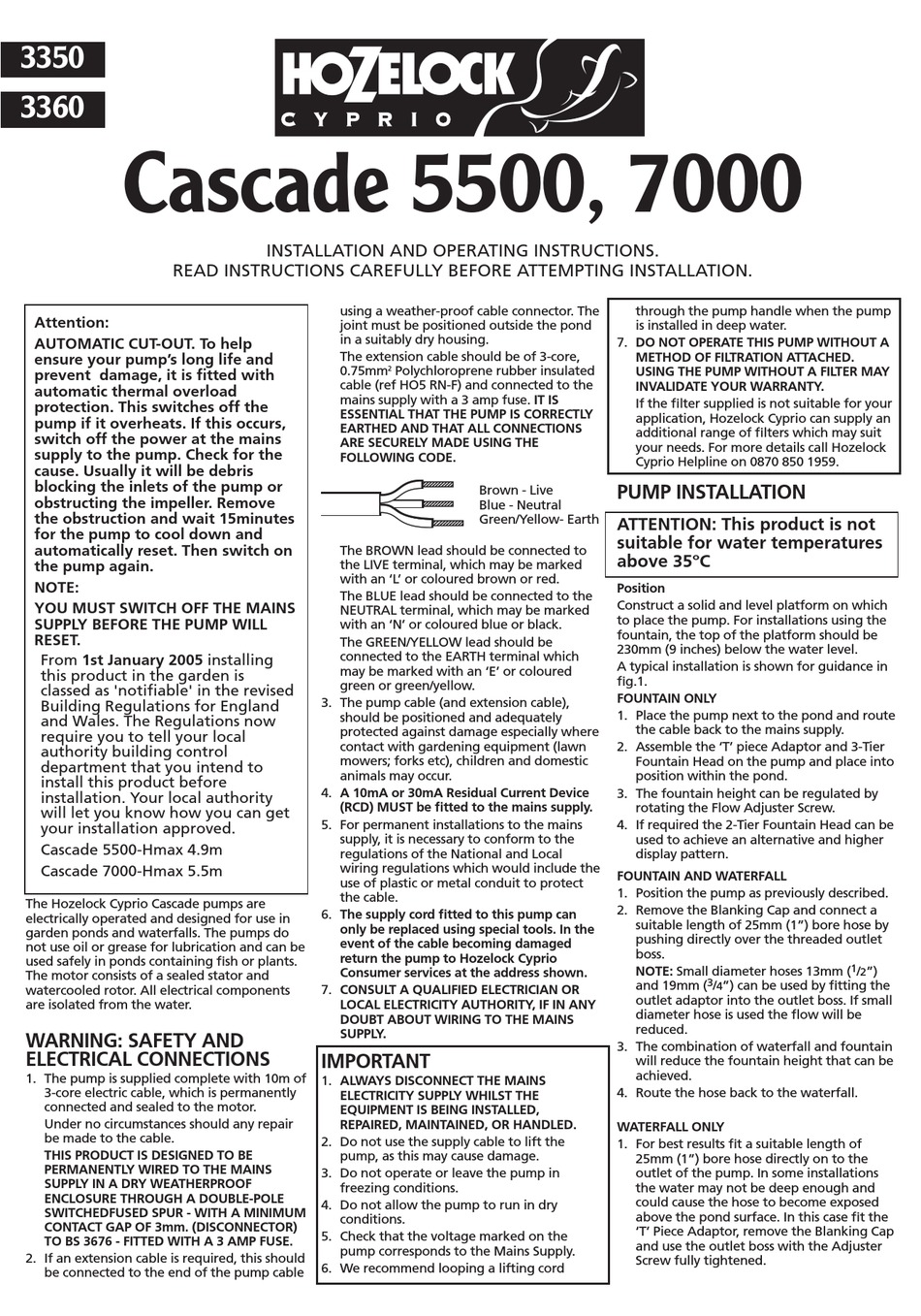 HOZELOCK CYPRIO CASCADE 5500 INSTALLATION AND OPERATING INSTRUCTIONS