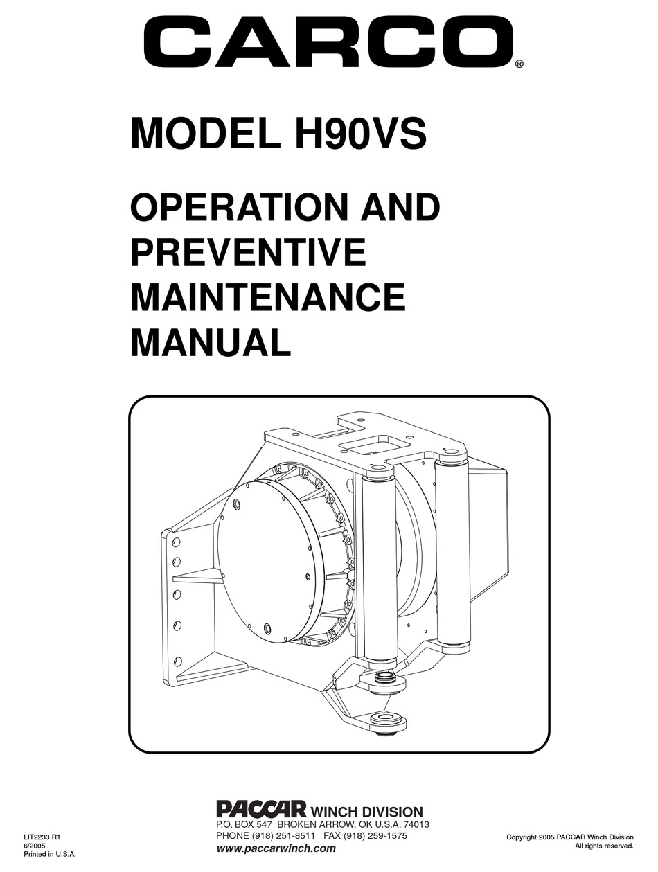 PACCAR WINCH CARCO H90VS INSTALLATION, OPERATION AND PREVENTIVE