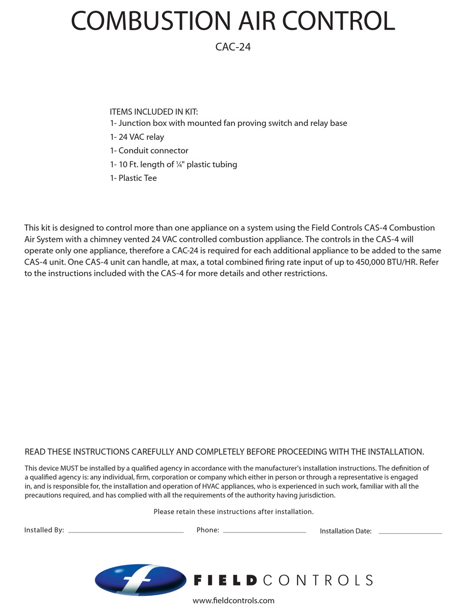 FIELD CONTROLS CAC24 QUICK START MANUAL Pdf Download ManualsLib