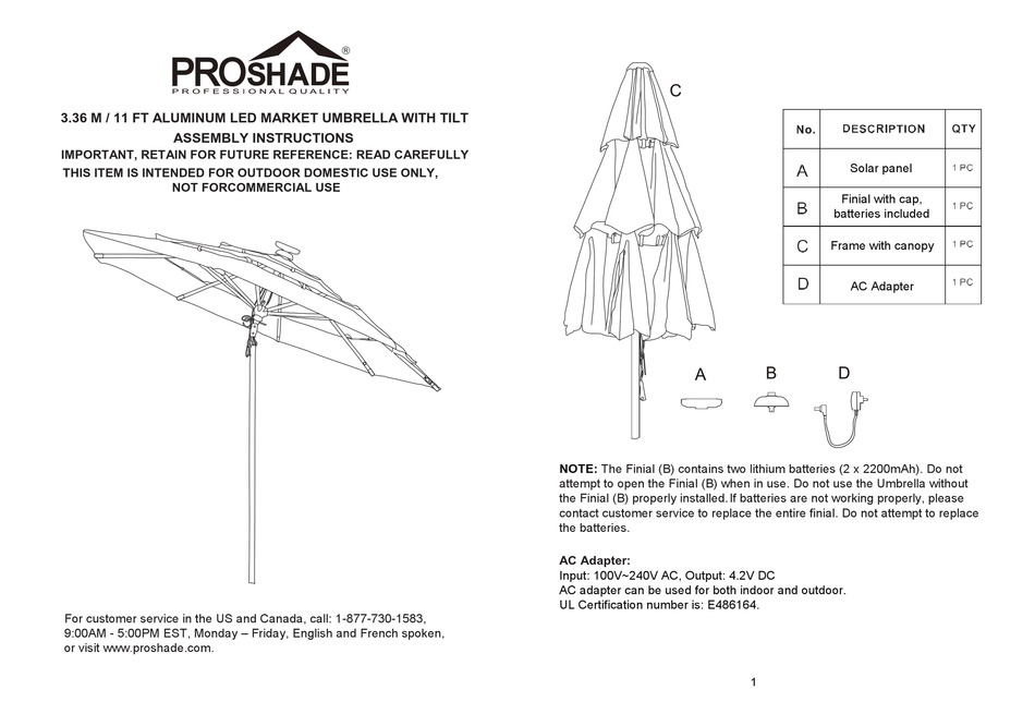 PROSHADE UMBRELLA ASSEMBLY INSTRUCTIONS Pdf Download ManualsLib