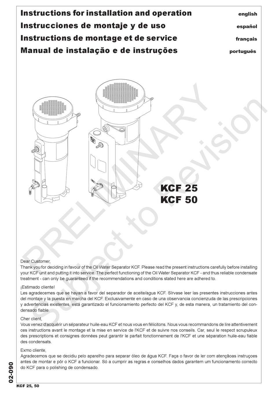 KAESER KOMPRESSOREN KCF 25 INSTRUCTIONS FOR INSTALLATION AND OPERATION