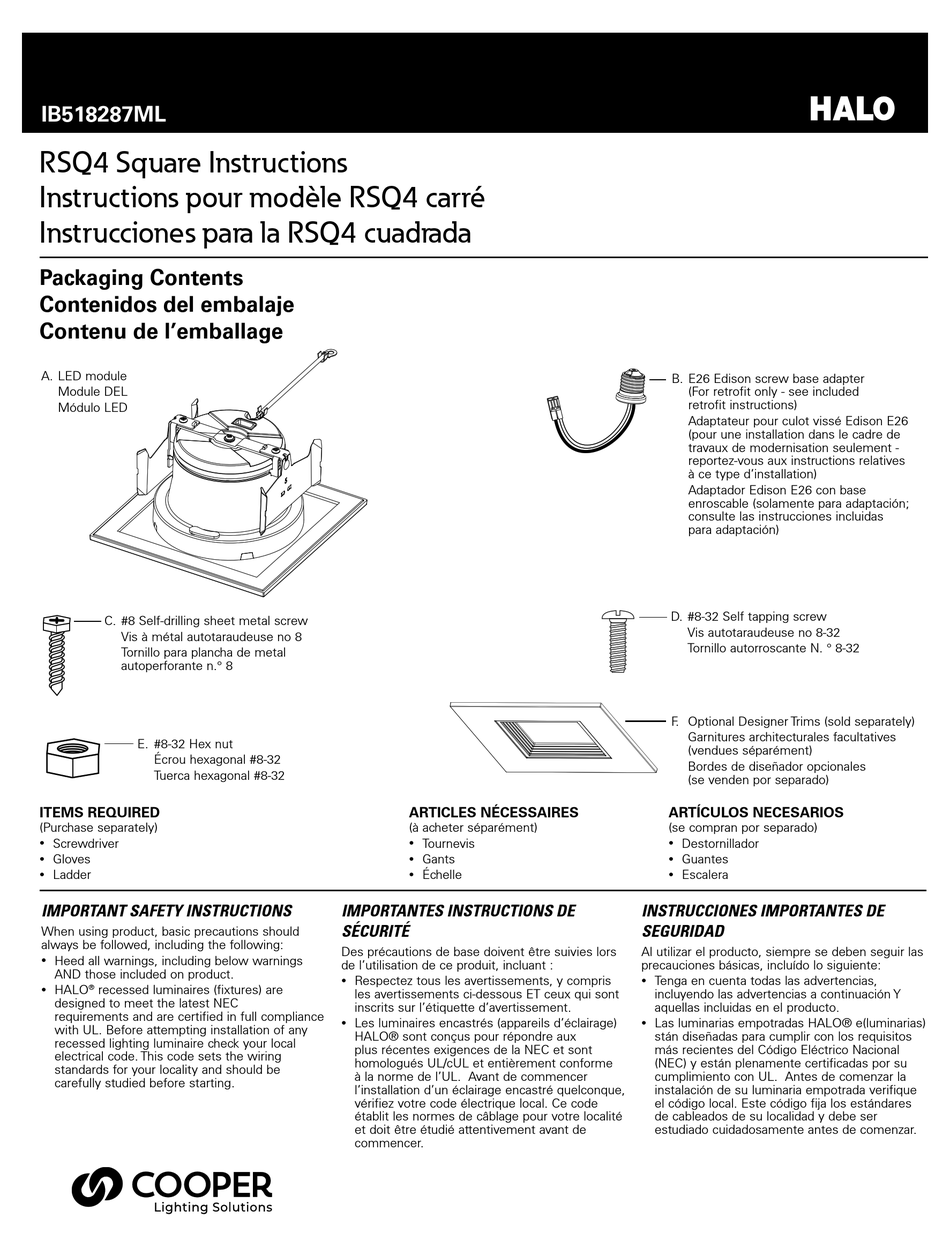 COOPER LIGHTING SOLUTIONS HALO RSQ4 INSTRUCTIONS MANUAL Pdf Download