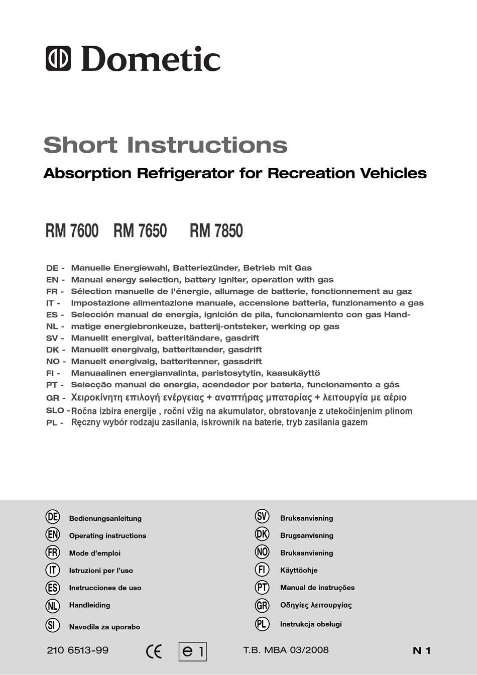 DOMETIC RM 7600 SHORT INSTRUCTIONS Pdf Download | ManualsLib