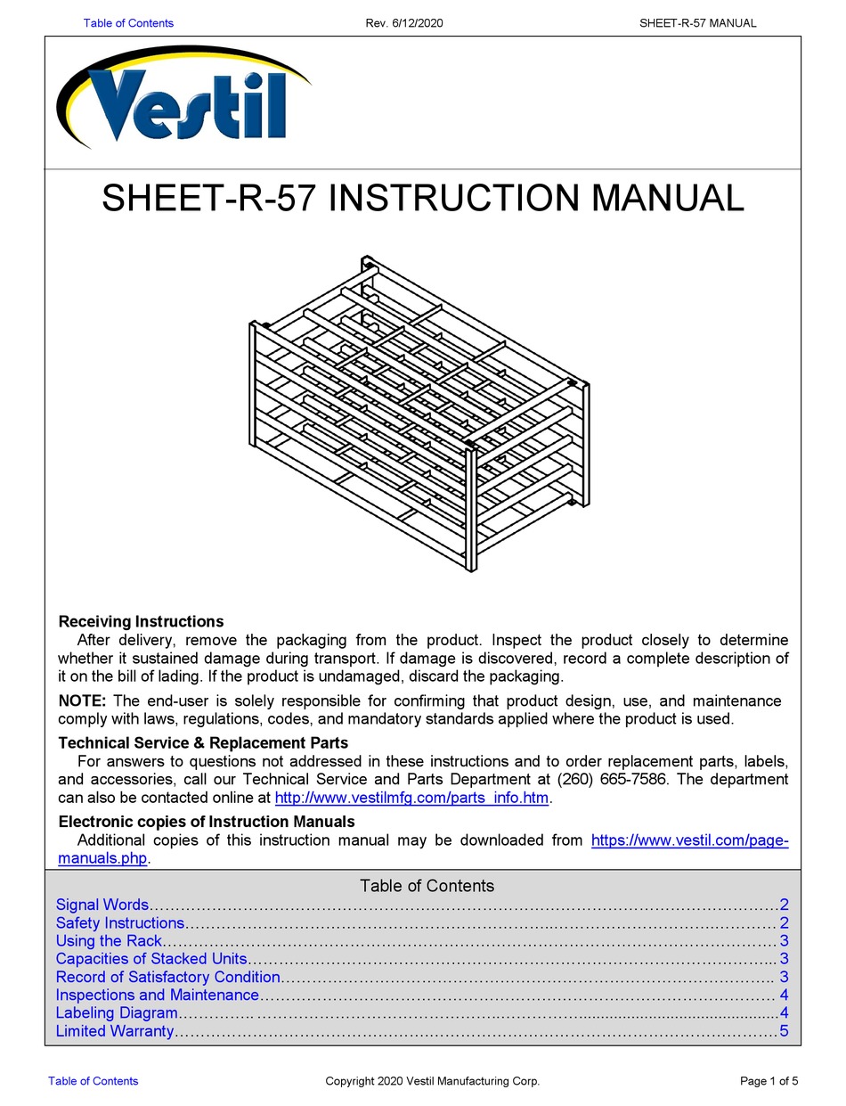 Vestil Sheet R 57 Instruction Manual Pdf Download Manualslib