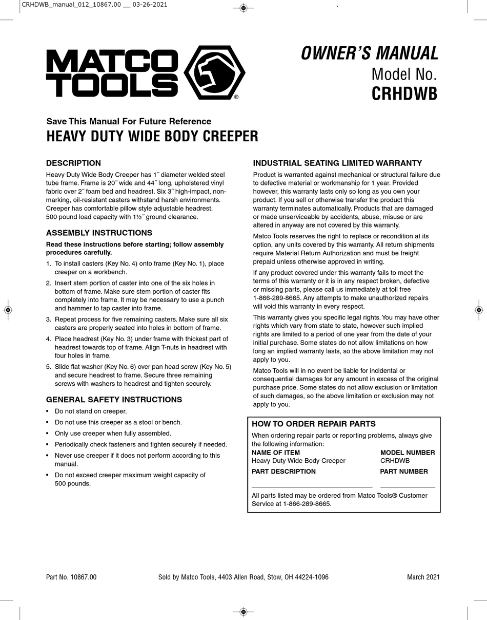 MATCO TOOLS CRHDWB OWNER'S MANUAL Pdf Download ManualsLib