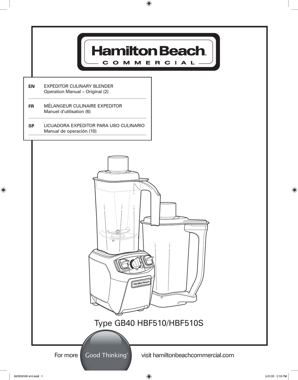 HAMILTON BEACH COMMERCIAL EXPEDITOR GB40 OPERATION MANUAL Pdf Download ManualsLib