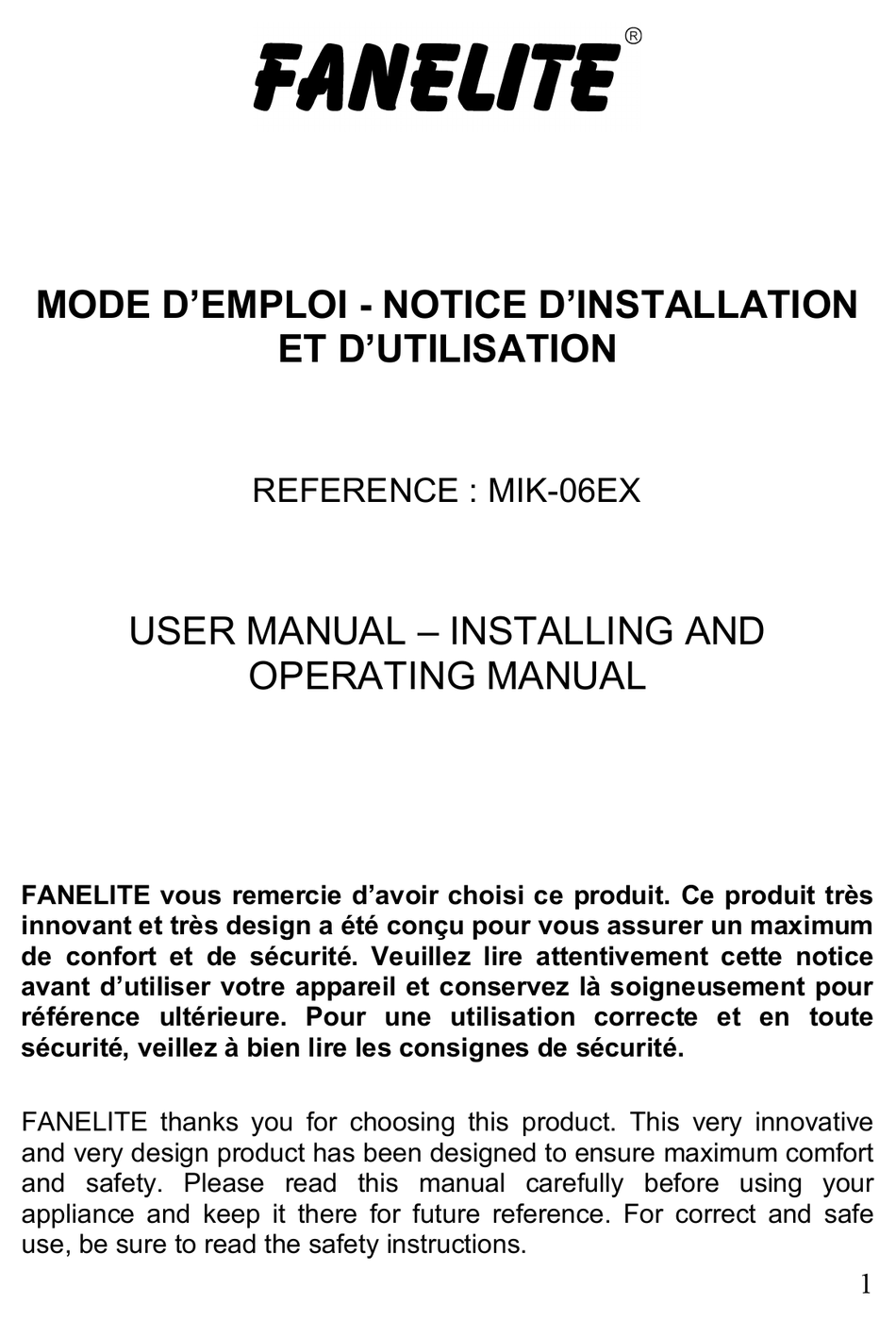 FANELITE MIK06EX USER MANUAL Pdf Download ManualsLib