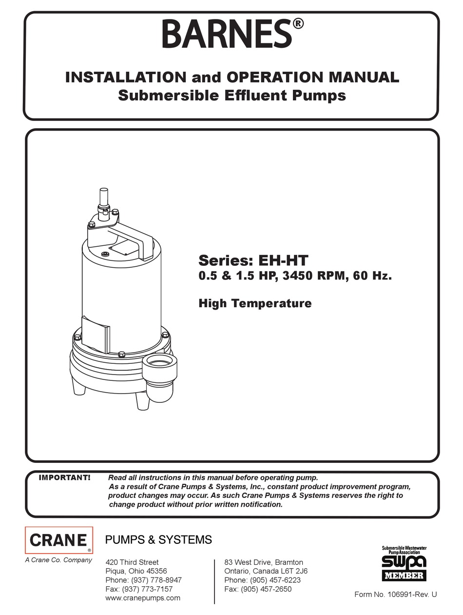 CRANE PUMPS & SYSTEMS BARNES EHHT SERIES INSTALLATION AND OPERATION
