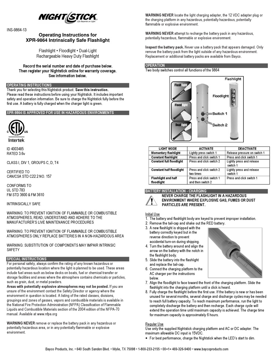 NIGHTSTICK XPR-9864 OPERATING INSTRUCTIONS MANUAL Pdf Download | ManualsLib