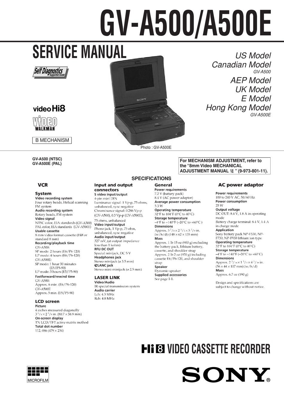 SONY GV-A500 SERVICE MANUAL Pdf Download | ManualsLib