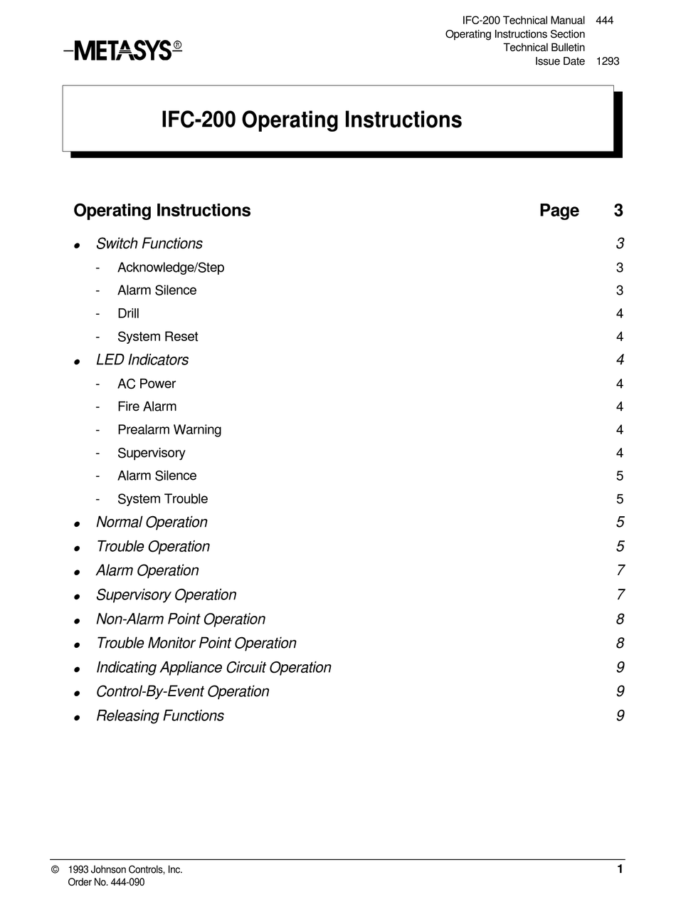 JOHNSON CONTROLS METASYS IFC200 OPERATING INSTRUCTIONS MANUAL Pdf