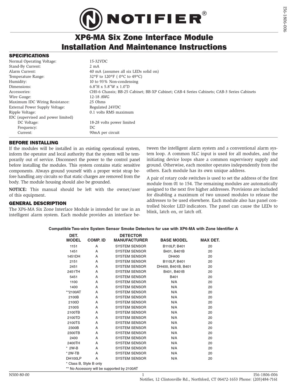 NOTIFIER XP6MA INSTALLATION AND MAINTENANCE INSTRUCTIONS MANUAL Pdf