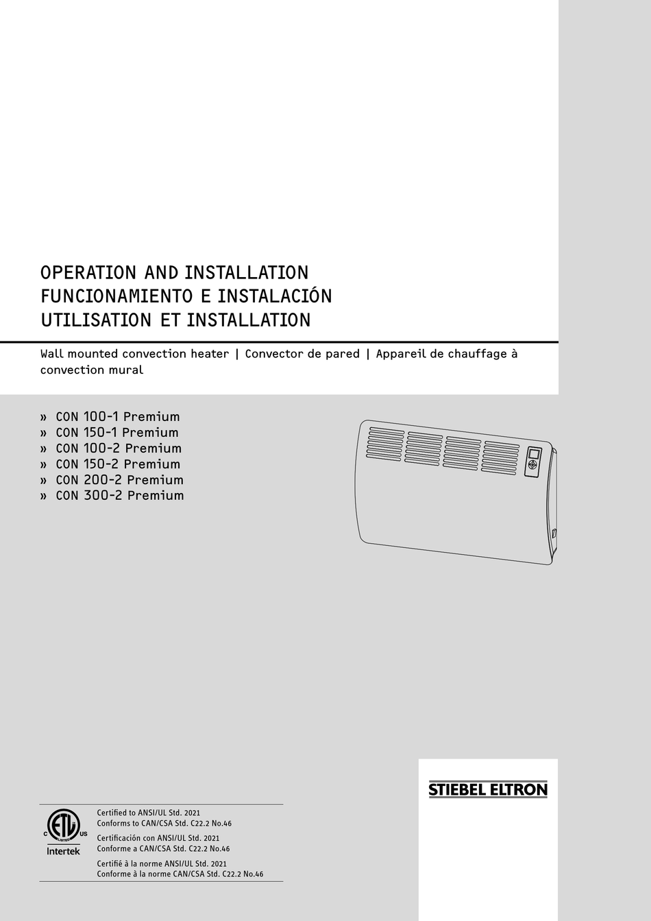 STIEBEL ELTRON CON 1001 PREMIUM OPERATION AND INSTALLATION Pdf