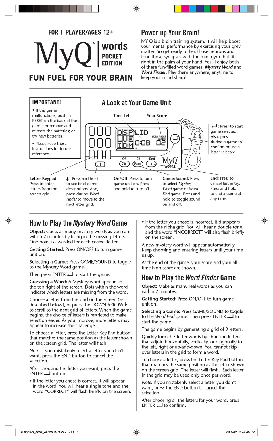 HASBRO MYQ WORDS QUICK START MANUAL Pdf Download ManualsLib