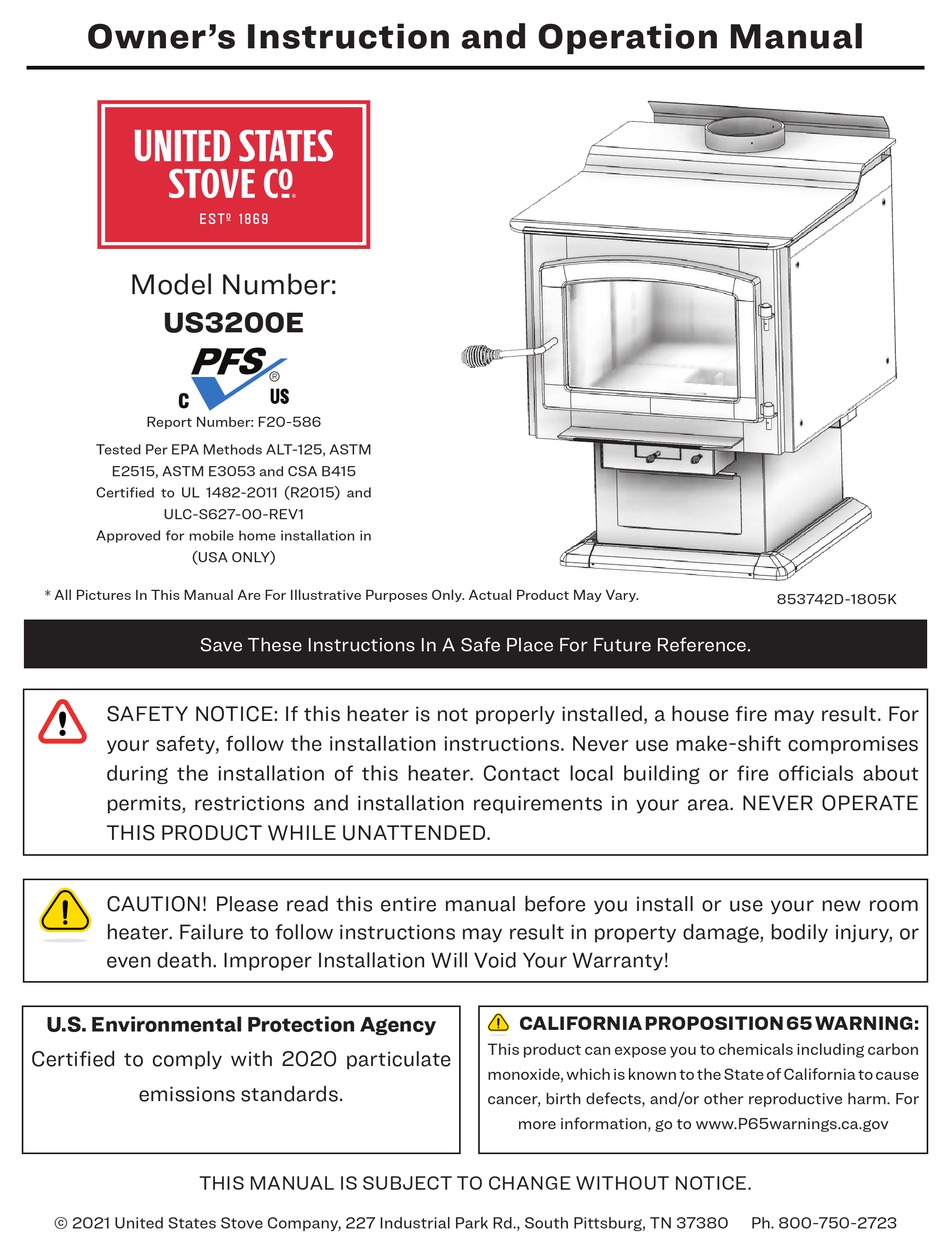 UNITED STATES STOVE US3200E OWNER’S INSTRUCTION AND OPERATION MANUAL
