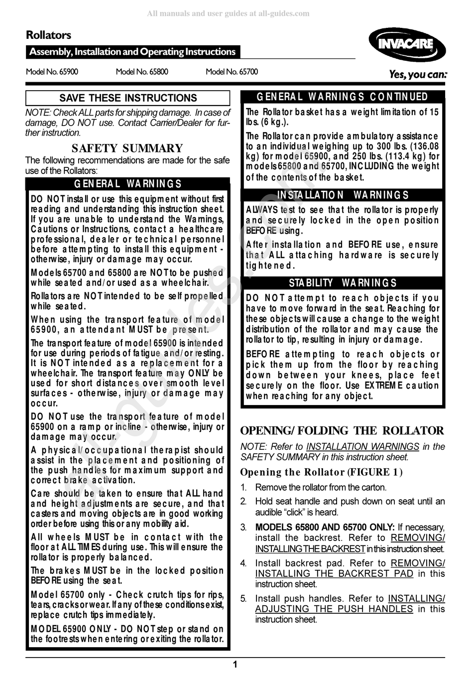 invacare-65900-assembly-installation-and-operating-instructions-pdf
